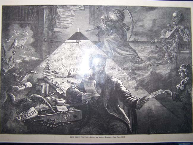 A Fascinating engraving from Harper's Weekly Magazine July 15, 1871 entitled 'The Night Editor'